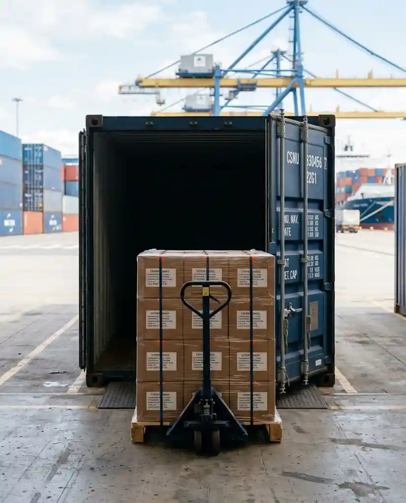 Pallet hàng xuất khẩu được chuẩn bị đưa vào container tại khu giao nhận hàng quốc tế.