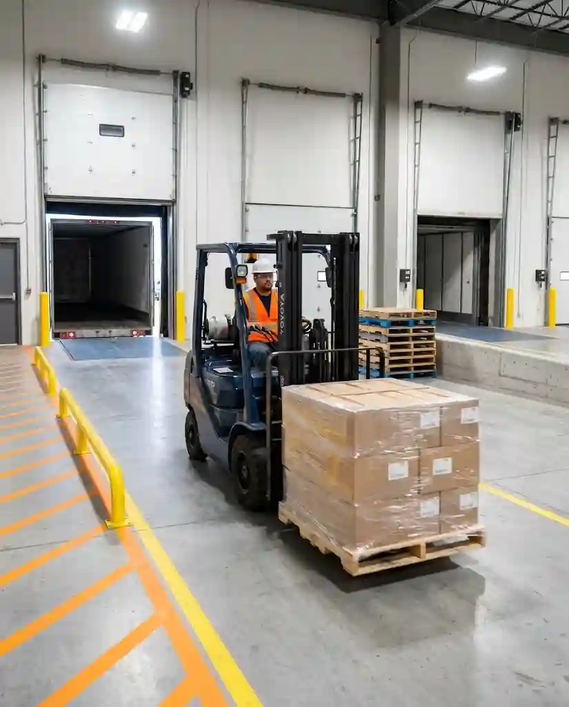 Xe nâng chuyển pallet hàng từ khu tiếp nhận sang khu tập kết để giao tiếp.