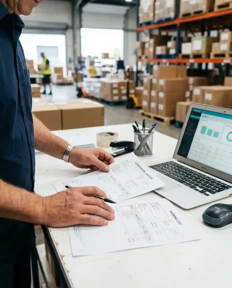 Nhân viên logistics đối chiếu hóa đơn thương mại và phiếu đóng gói của lô hàng.