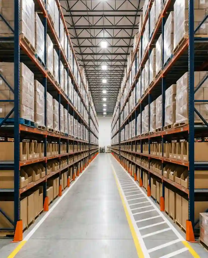 Hàng hóa được sắp xếp trên kệ pallet với lối đi và khu lấy hàng riêng trong kho.