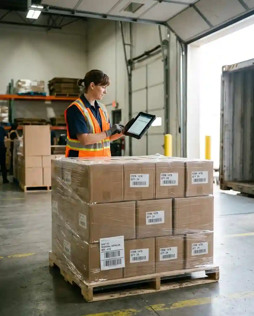 Nhân viên kiểm tra pallet hàng bán buôn đã quấn màng và gắn nhãn trước khi đưa lên xe.