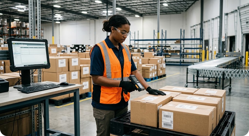Nhân viên fulfillment kiểm tra SKU và quét mã hàng trước khi nhập kho