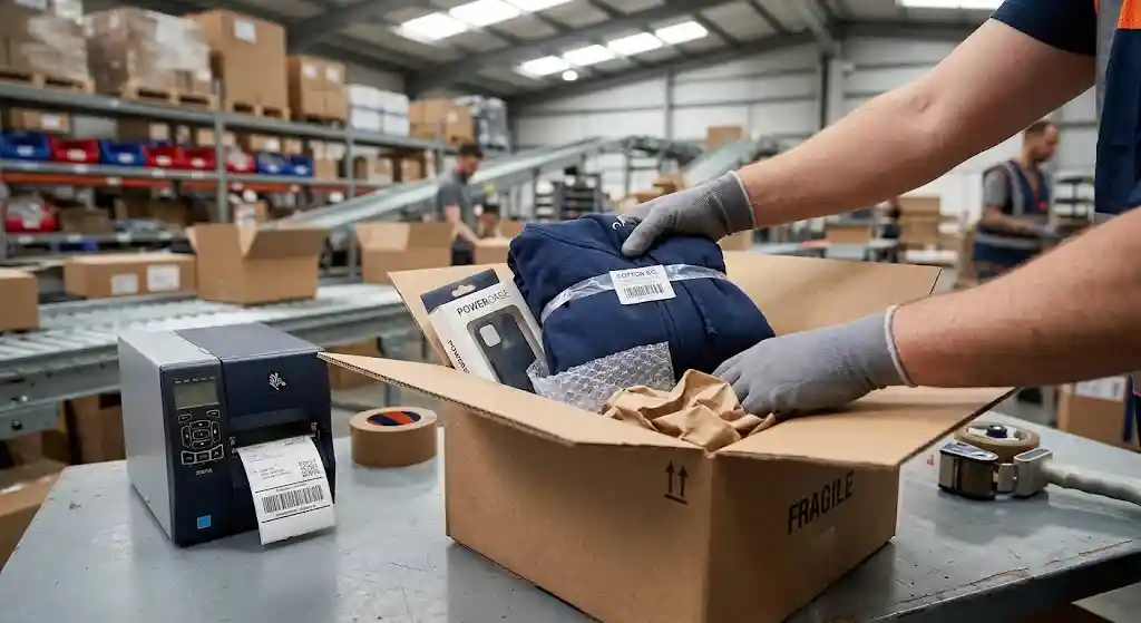 Nhân viên fulfillment kiểm tra và đóng gói đơn hàng tại bàn packing